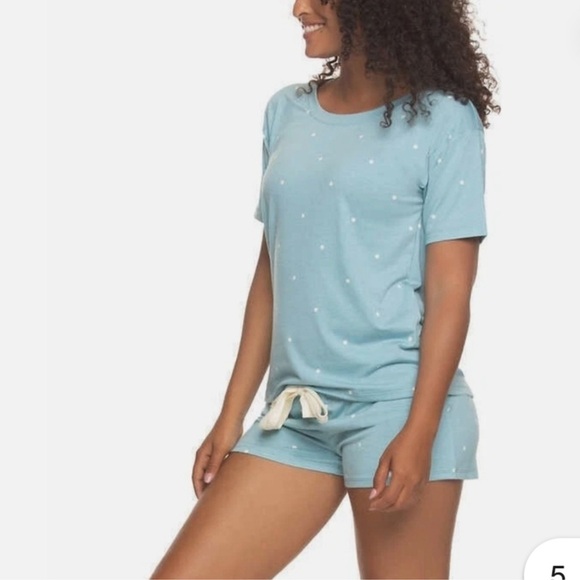 Felina 3 Piece PJ Set Tee Short Jogger Size M Polka Dot Blue - Picture 2 of 8